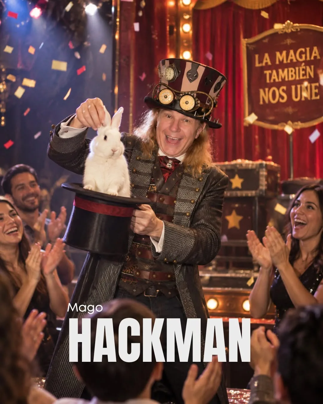 Mago Hackman en escenario con conejo